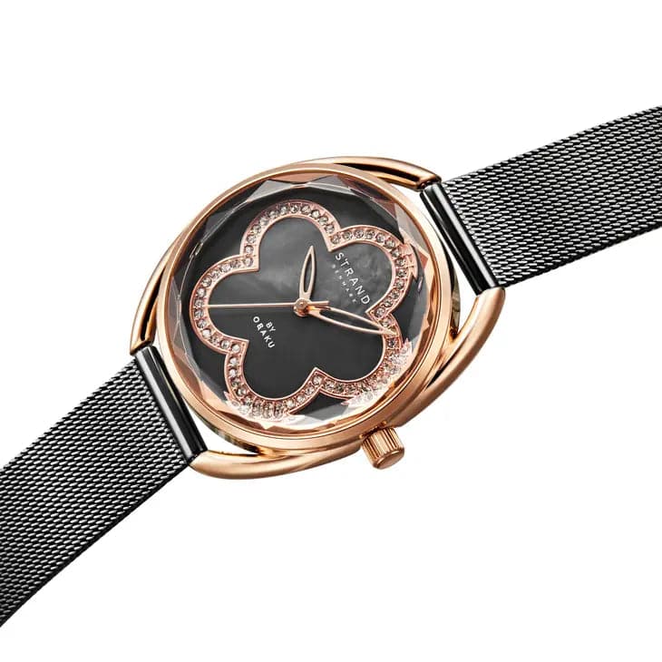 STRAND Crystal Blossom Watch for Women in Black with Swarovski Crystal Accents
