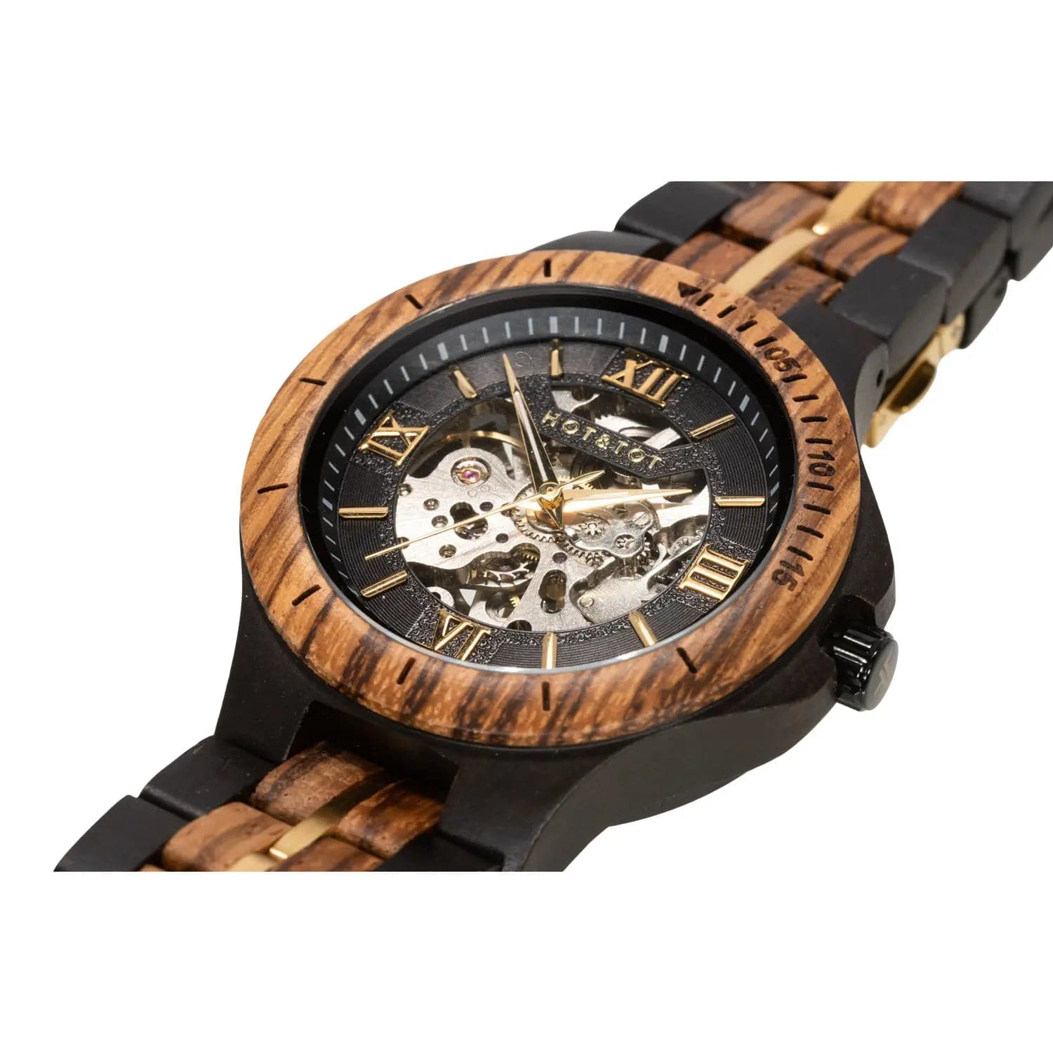 Gold Motus Automatic Watch from HOT&TOT-44mm, Zebra Wood - Minutes Hours Days Watch Emporium 