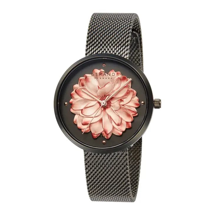 Floral Watch for Women in Black with Black Stainless Mesh Strap by Strand
