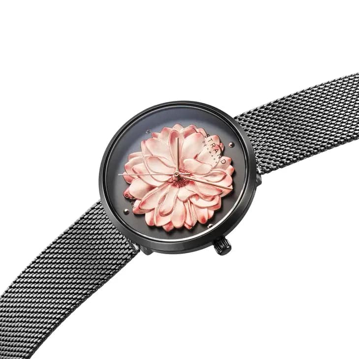 Floral Watch for Women in Black with Black Stainless Mesh Strap by Strand