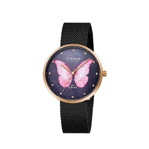 Butterfly Wings Ladies Watch from STRAND - Pink w/ Black Mesh Band