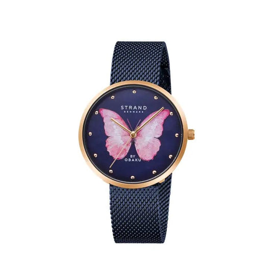 Butterfly Wings Ladies Watch from STRAND - Pink w/ Navy Mesh Band