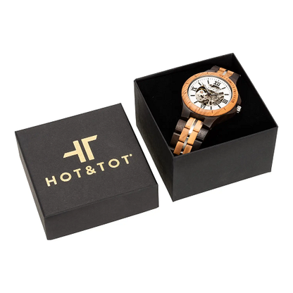Silver Motus Automatic Watch from HOT&TOT-44mm, Olive Wood