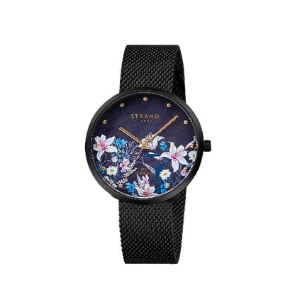 Floral Ladies Watch from STRAND - Black Multi Mesh Strap