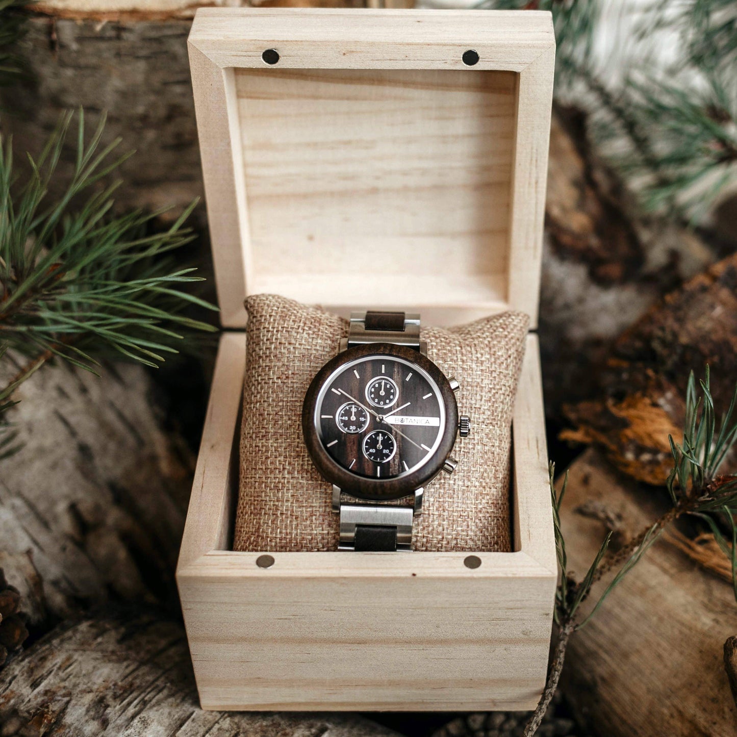Wood is Good: Men's Watch | Silver/Ebony | Sandalwood/Stainless | 42mm | Quartz - MinutesHoursDays