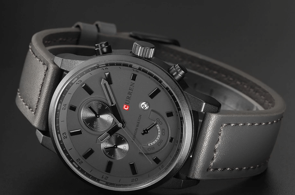 Slate Gray Men's Watch w/ Triple Chronograph | Gray/Gray | Leather | 45mm | Quartz - MinutesHoursDays