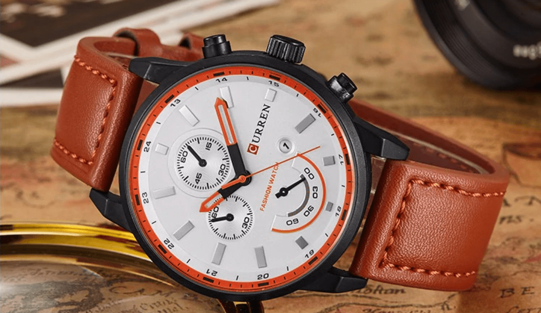Terra Cotta Men's Watch w/ Triple Chronograph |Terra Cotta/White | Leather | 45mm | Quartz - MinutesHoursDays