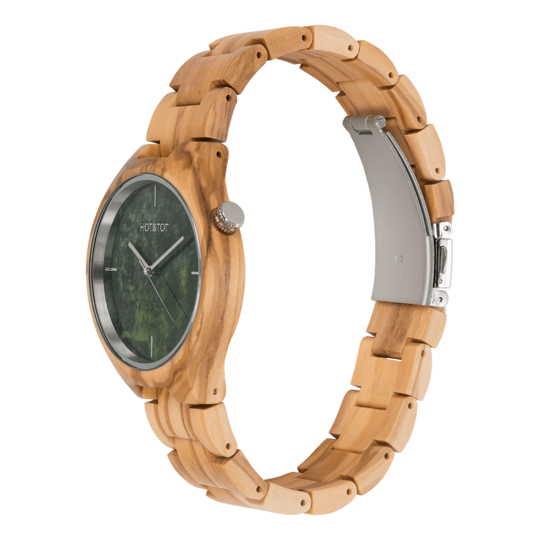 Wood & Stone: Volea Unisex Watch |Green/Silver | Olive Wood | 40mm | Quartz - MinutesHoursDays