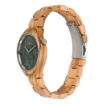 Wood & Stone: Volea Unisex Watch |Green/Silver | Olive Wood | 40mm | Quartz - MinutesHoursDays