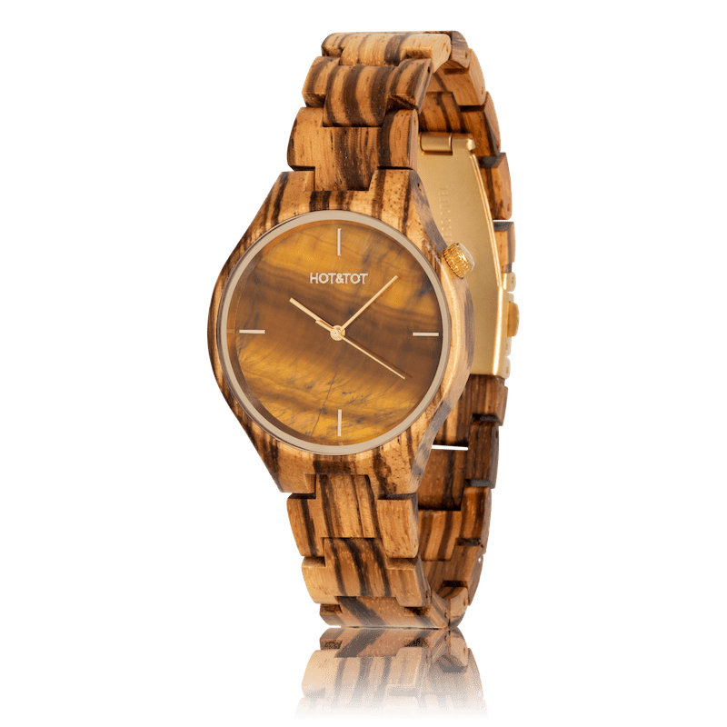 Wood & Stone: Tigano Unisex Watch | Orange/Gold | Zebra Wood | 40mm | Quartz - MinutesHoursDays