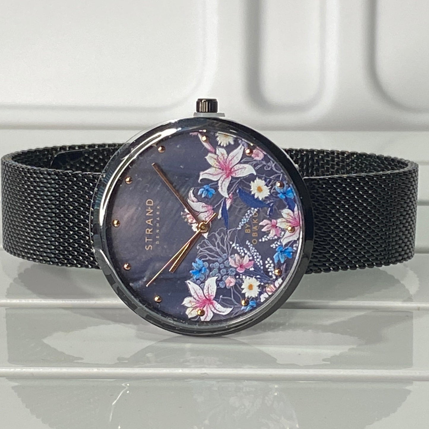 Floral Ladies Watch from STRAND - Black Multi Mesh Strap
