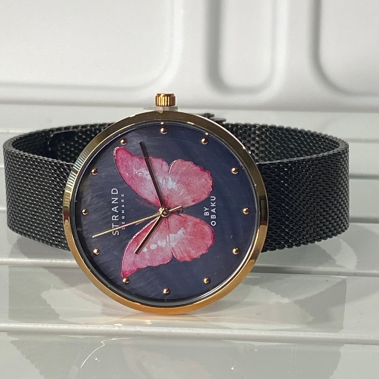Butterfly Wings Ladies Watch from STRAND - Pink w/ Black Mesh Band