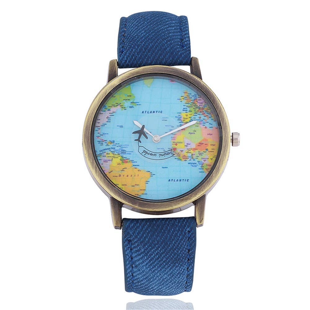 Map Watch | Silver | Colored Denim Strap | 40mm | Fun Fashion Collection - MinutesHoursDays