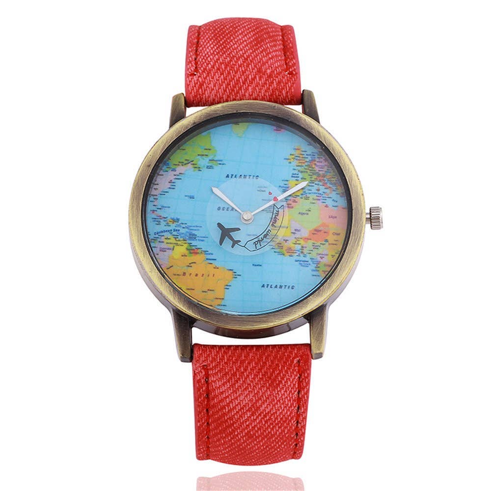 Map Watch | Silver | Colored Denim Strap | 40mm | Fun Fashion Collection - MinutesHoursDays