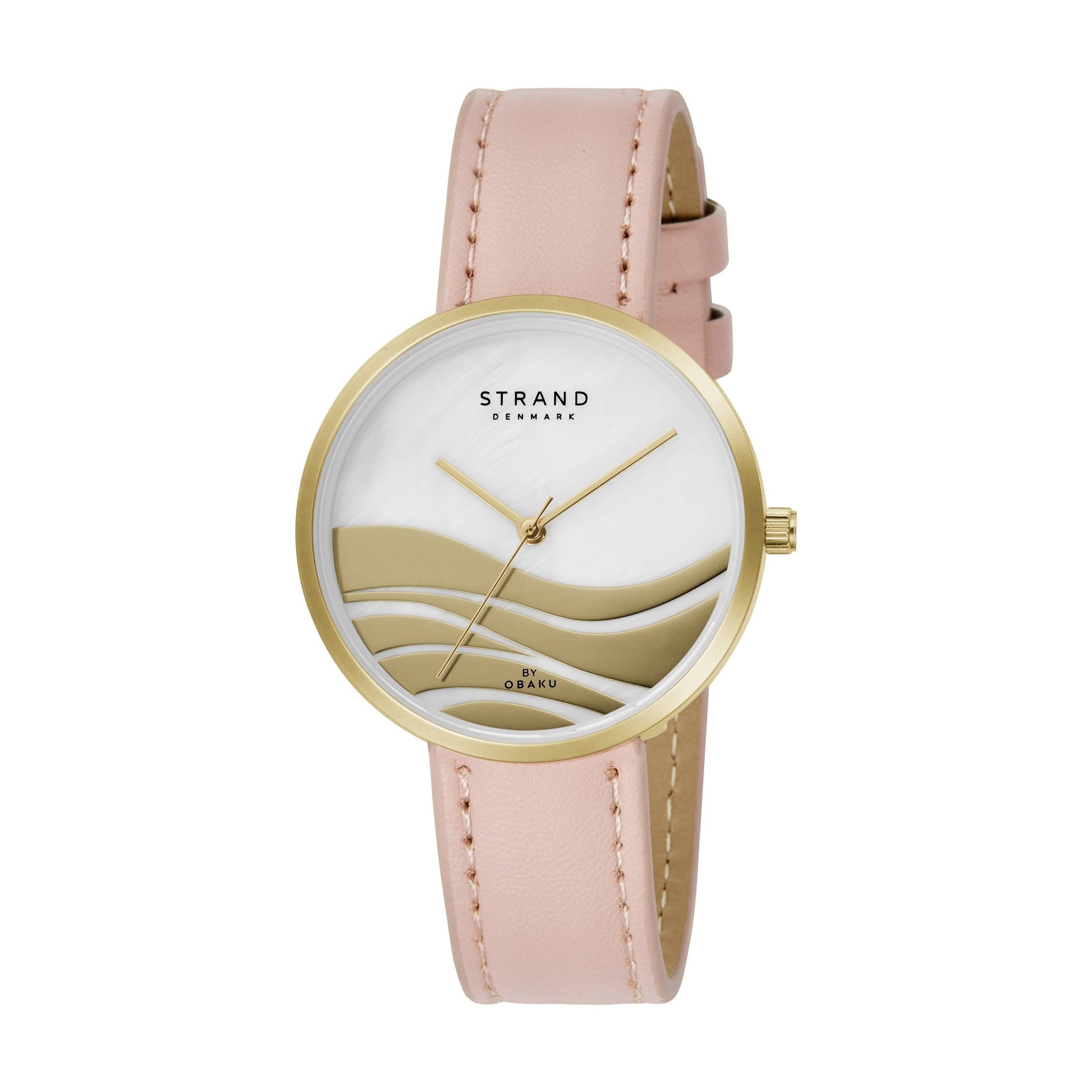 Gold Ocean waves watch with MOP dial & pink leather strap - MinutesHoursDays